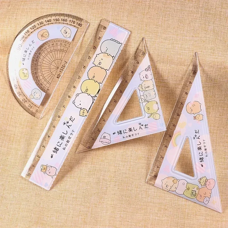 Regla triangular recta de 4 piezas, transportador Kawaii, herramienta de dibujo, reglas de pintura, suministros de dibujo, papelería coreana,