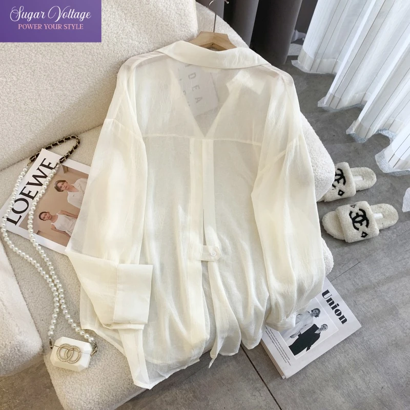 

Minimalist French Style Sheer Long Sleeve Shirt Women 2025 Summer Loose Oversized Sun Protection Blouse UV Proof Lightweight Top
