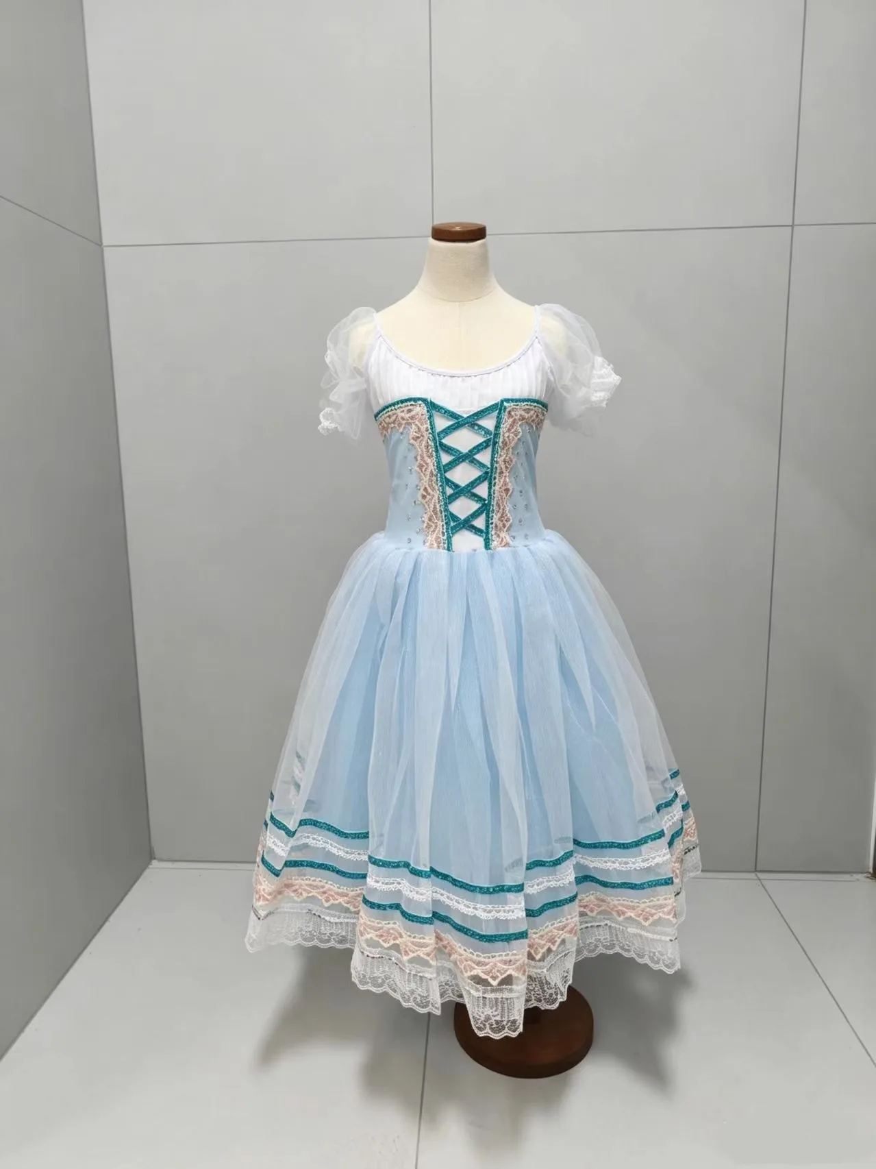 Adult Women Romantic Ballet Tutu Dress Light Blue Long Tulle Stage Performance Dance Costume