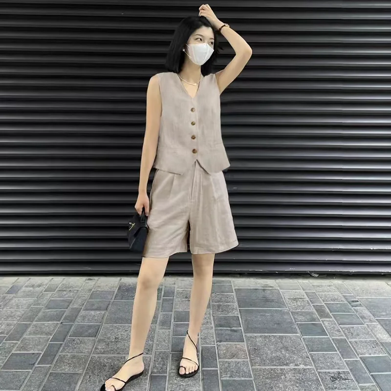 

High end Vest Shorts Set for Women Summer Cotton Hemp Thin Vest Suit High Waist Loose Casual Shorts Two Piece Set Women Outfits