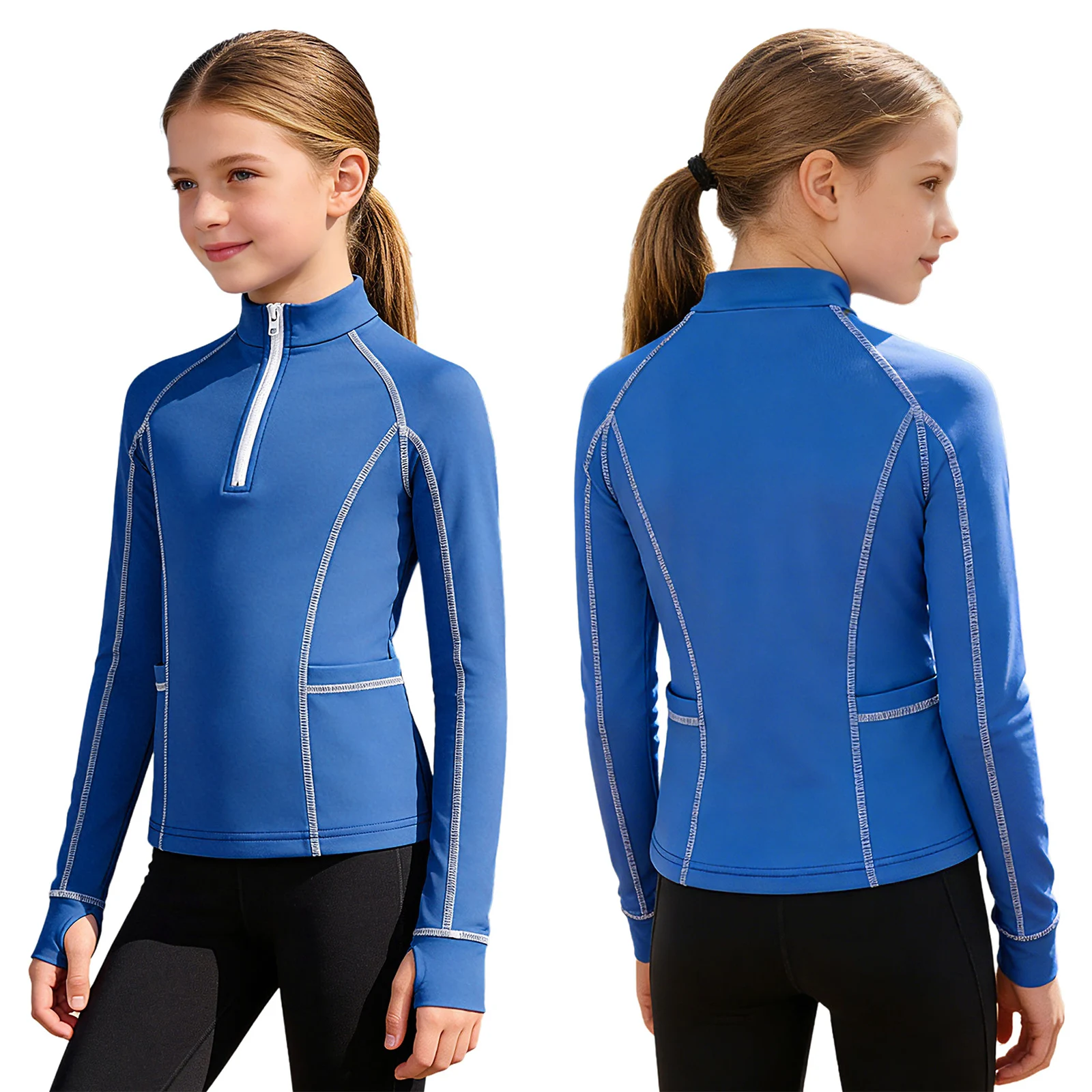 

Kids Girls Athletic Thermal Coat Shirts Long Sleeve Half Zip-Up Pullover Sweatshirt with Pockets for Sports Yoga Workout Running