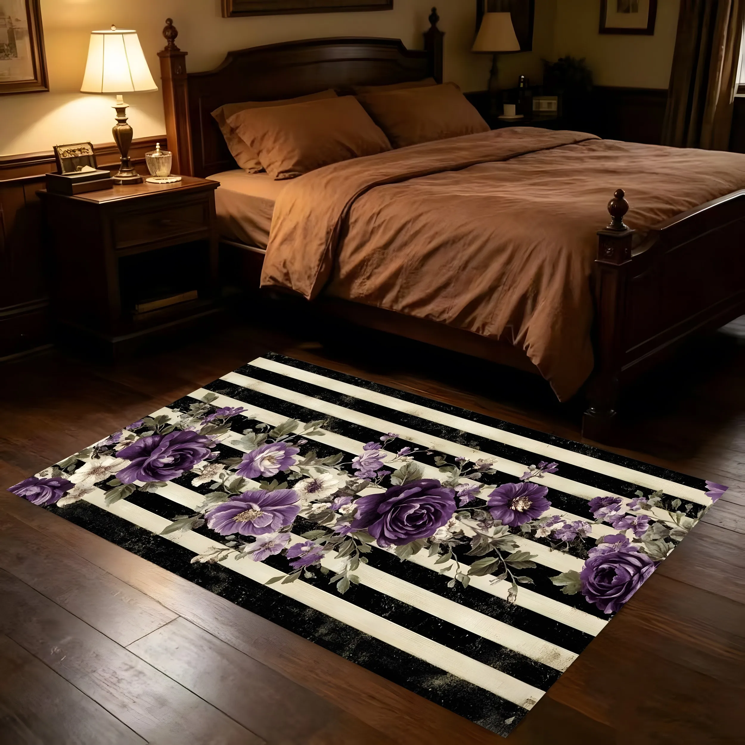 Purple Rose Striped Print Vintage Velvet Rug for Valentine's Day Housewarming Living Room Bedroom Entryway Elegant Decor