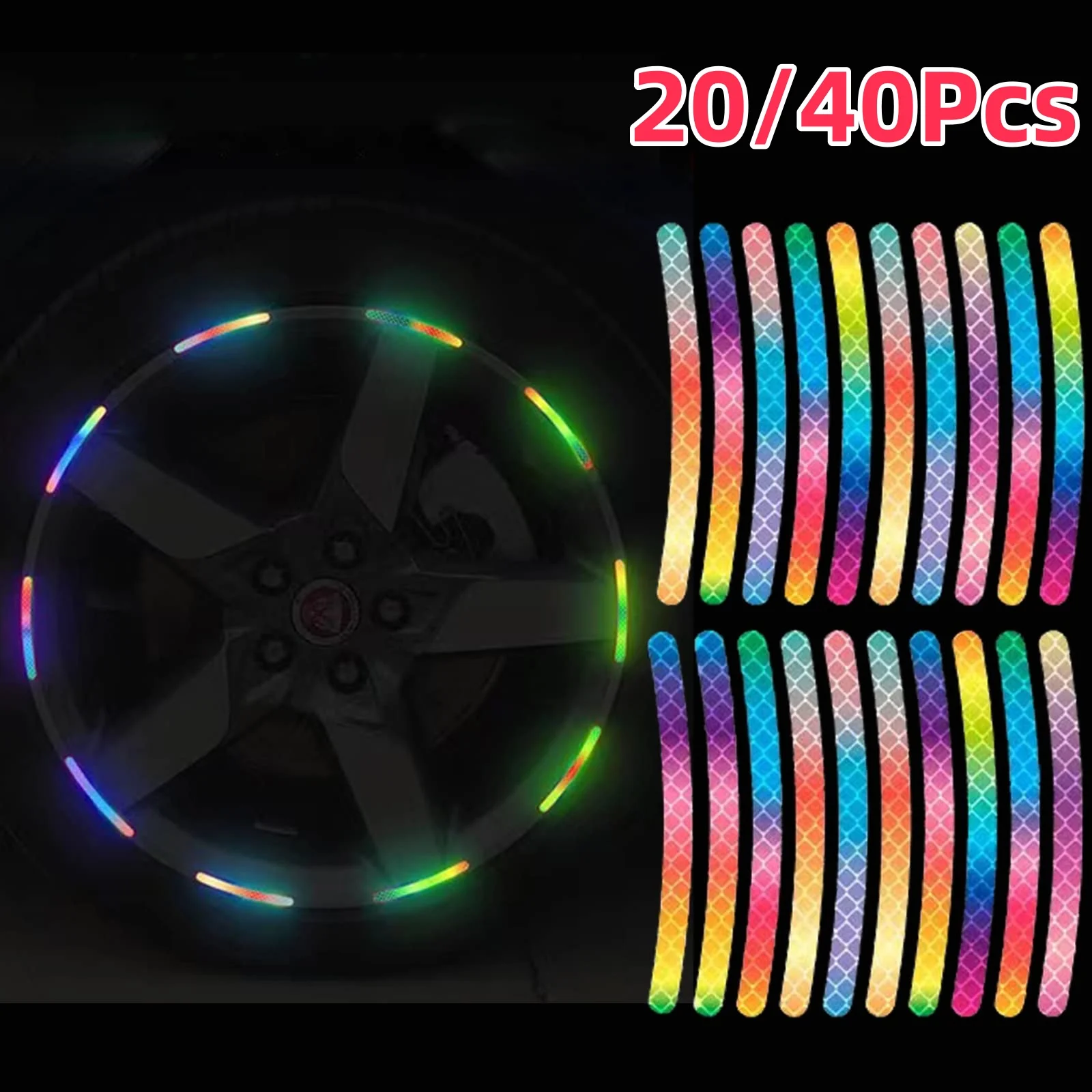 20Pcs/Set Car Wheel Stripe Reflective Stickers Rainbow Reflective Night Safety Warning Stickers Anti-Scratch Stickers