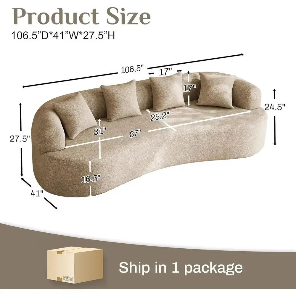 Luxury Chenille 4-Seater Extra Deep Curved Sofa with Pillows, Light Brown, No Assembly Required