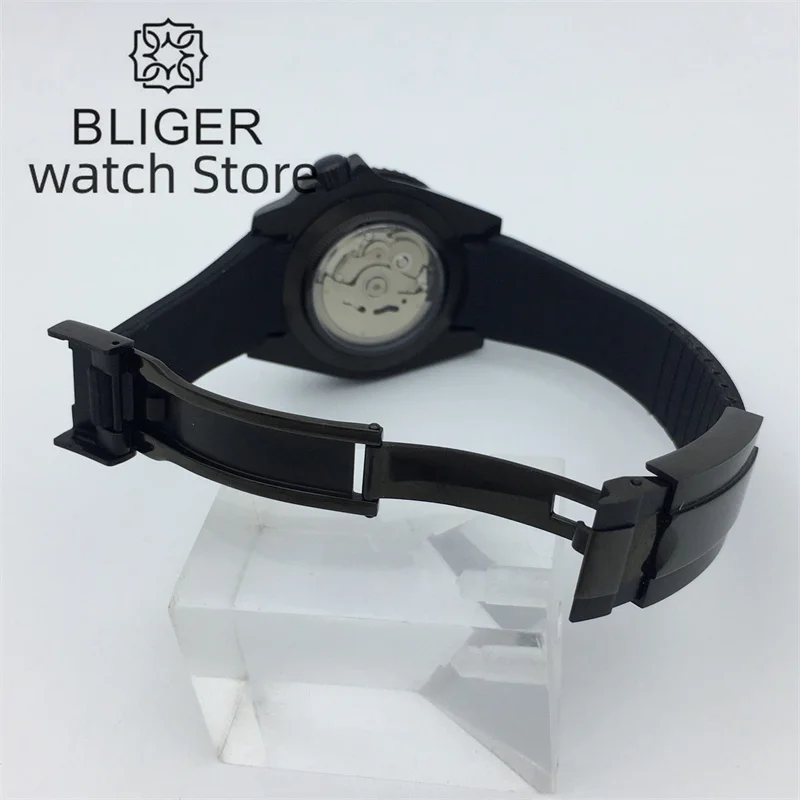 40mm BLIGER PVD Black Mechanical Automatic Men\'s Watch Black Aseptic Dial Luminous Blue AR Sapphire Glass NH35A PT5000 Movement