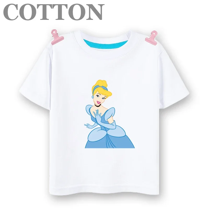 Disney Elegant Cinderella Princess Anime Summer Fashion Cotton Children\'s Cartoon T-shirt Round Neck Casual Short Sleeve Print