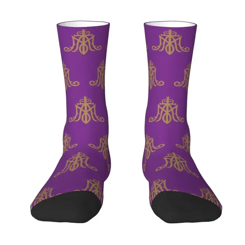 

Virgin Mary Monogram Ave Maria Dress Socks Mens Womens Warm Funny Novelty Catholic Christian Crew Socks