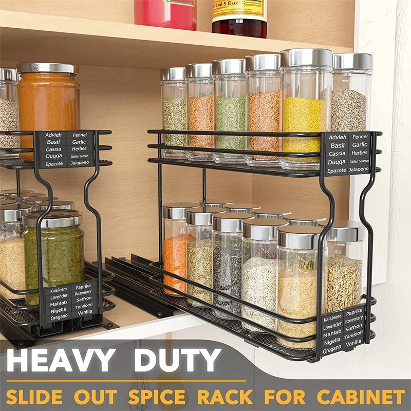 Slide Spice Rack Organizer 2/4-Tier Pull Out Seasoning Rack Kitchen Dining Room Metal Spice Drawer Box Spice Shelf Storage Rack