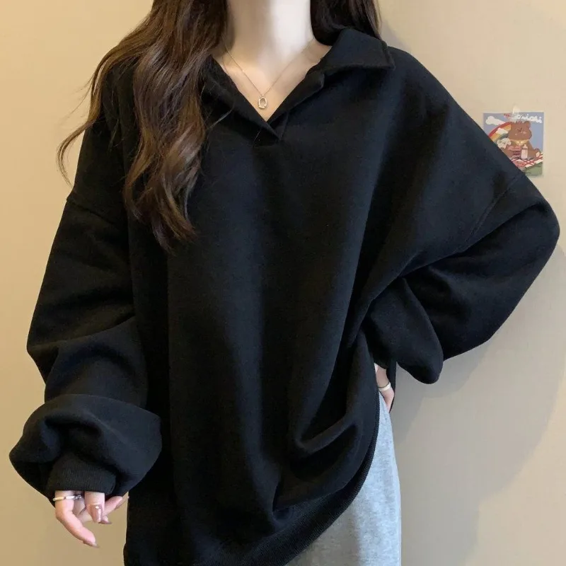 Large Plus Velvet Solid Color Simple Long Polo Neck Sweater Women 2023 Autumn Winter New Loose Cover Meat Long Sleeve Clothes