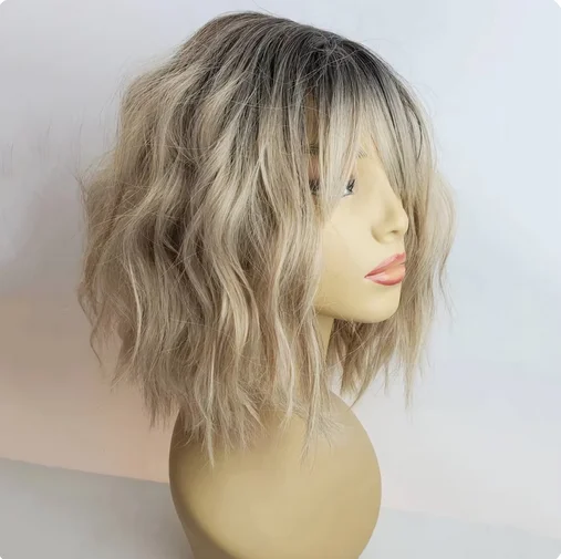 Rooted Blonde Bob Wig with Bangs Heat Resistant Fiber Highlighted Fringe Wavy Wig Synthetic Lace Front Wig for Women Daily Use