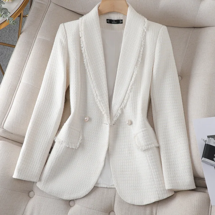 Pink Long Sleeve Jacket Suit Women\'s Blazer Double Breasted Tweed Blue White Coat 2024 New In Outerwears 신상재킷