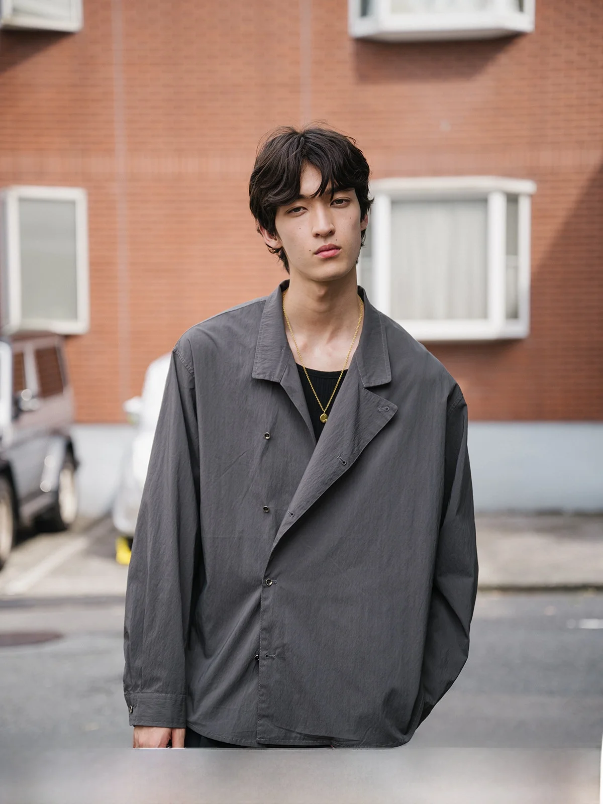 

Gray Long Sleeve Shirt Men's Simple Double Button Style Autumn Fashion Casual Loose Fit Nylon Cotton Spandex Blend Youth