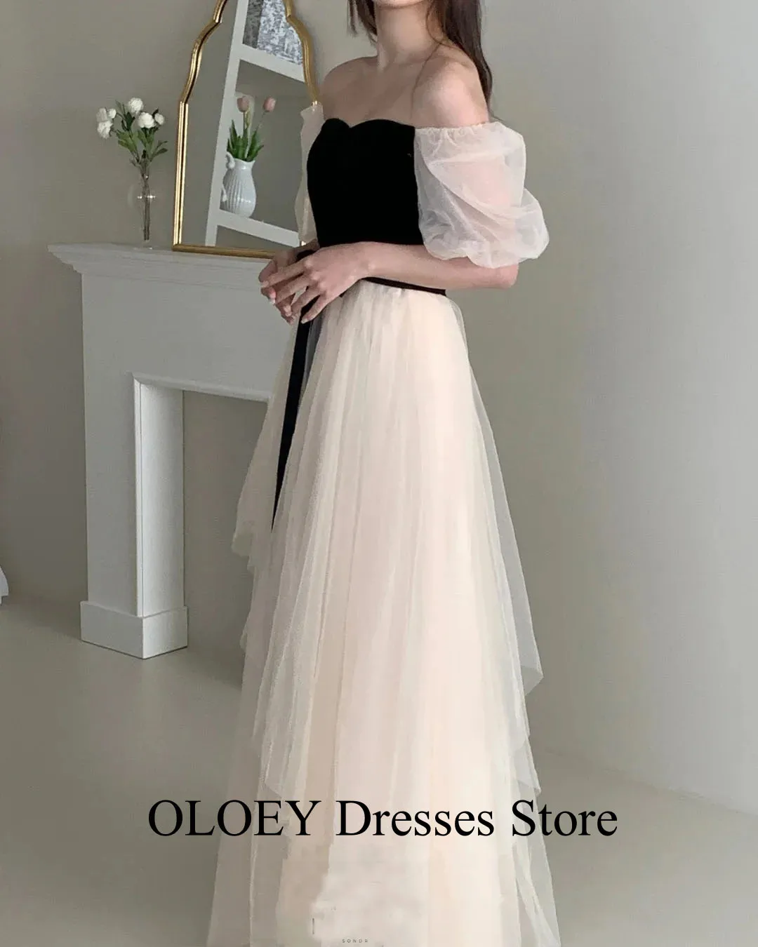 

OLOEY Contrast Korean Evening Dresses Customized Elegant Short Sleeves Tulle Formal Occasion Gown Party Dress Women Prom Dresses