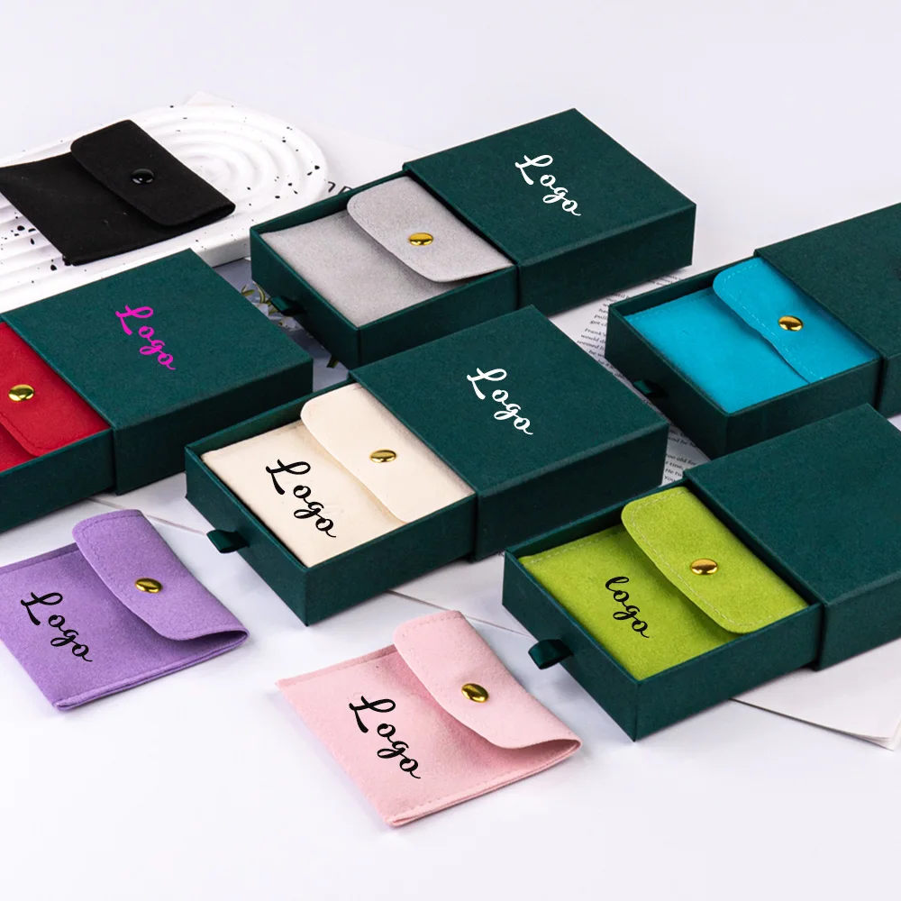 

50Pack Custom Logo Drawer Display Jewelry Boxes Microfiber Suede Snap Pouches Dust Button Bag Thick Paper Gift Packaging Box