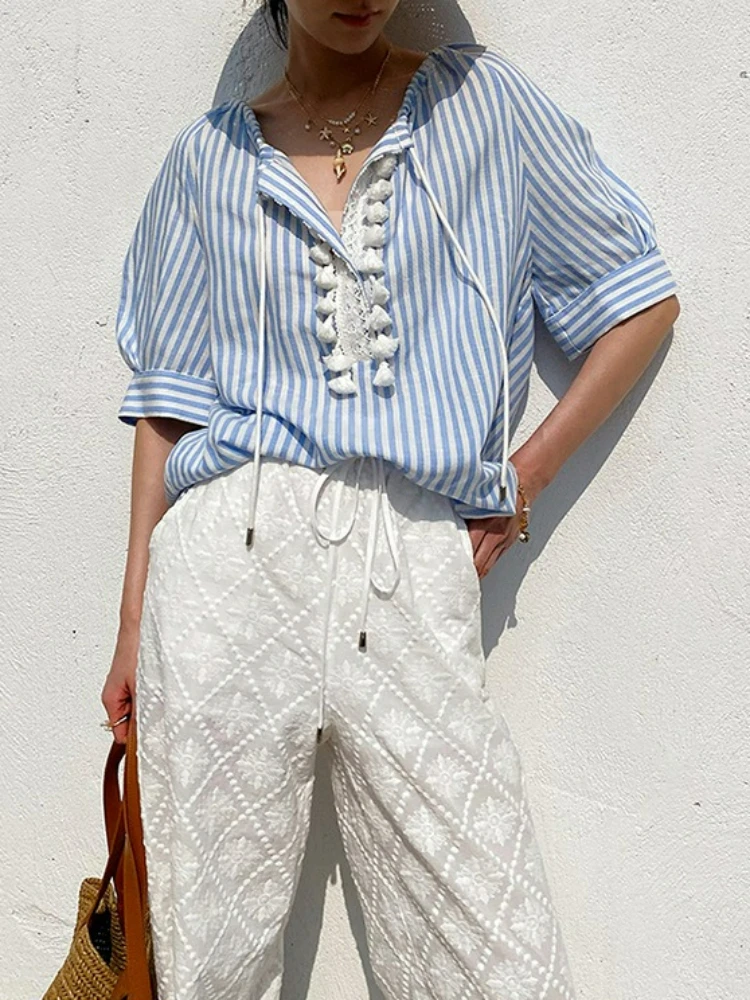 

French Chic Tassle Striped Blouse Shirt Women Loose Summer Vacation Style V-neck Linen Short Sleeve Beach Holiday Ladies Top New