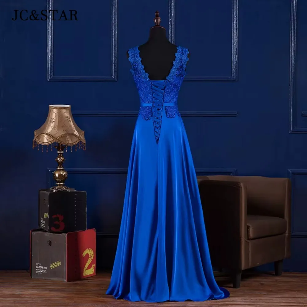 Royal Blue Lace Satin Evening Dresses Long Scoop Neck Elegant Wedding Party Dress Floor Length Graduation Robes  Customized
