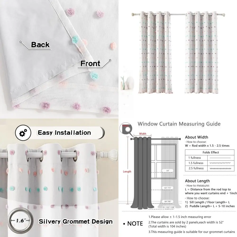 Cortinas blackout completas para crianças e berçário com pompons arco-íris, 100% bloqueador de luz, 52x63