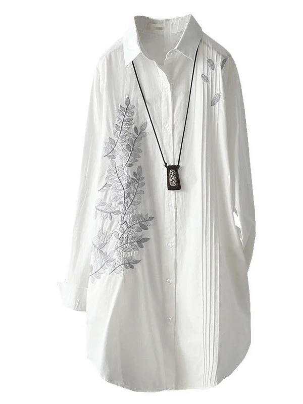 Ele Long Sve Women's irt Autumn New Sle Pleated Mid-Length Embroidered Base irt Top Korean Sle Loose Fit