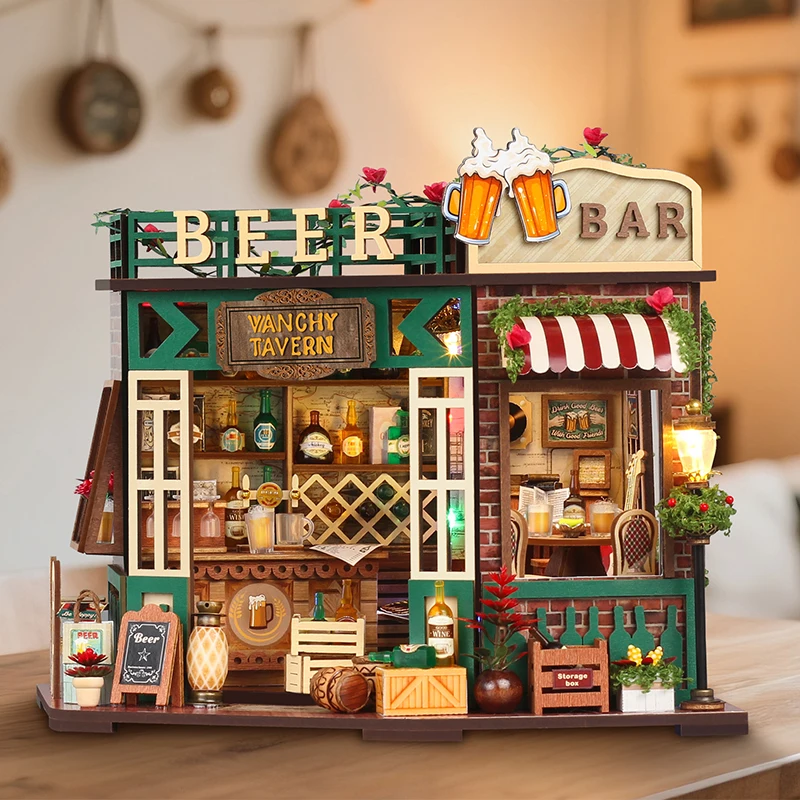 Bricolage maisons de poupée en bois Figurines Miniatures maison de poupée assemblé bâtiment avec lumière pour amis cadeaux de noël décor à la maison artisanat