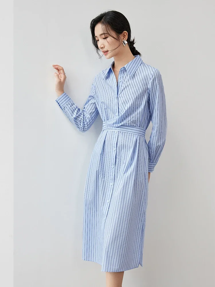 SENTUBILA Striped Cotton Shirt Dress for Women 2024 Autumn Fashion Straight Tie Belt Office Lady Work Business Dress 143L56608