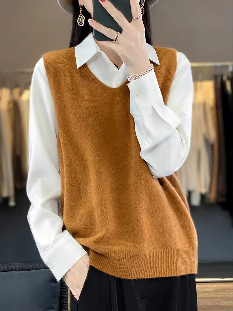 2024 Spring New Women V-neck Sleeveless Pullover Waistcoat 100% Merino Wool Sweater Soft Casual Cashmere Knitwear Korean Fashion