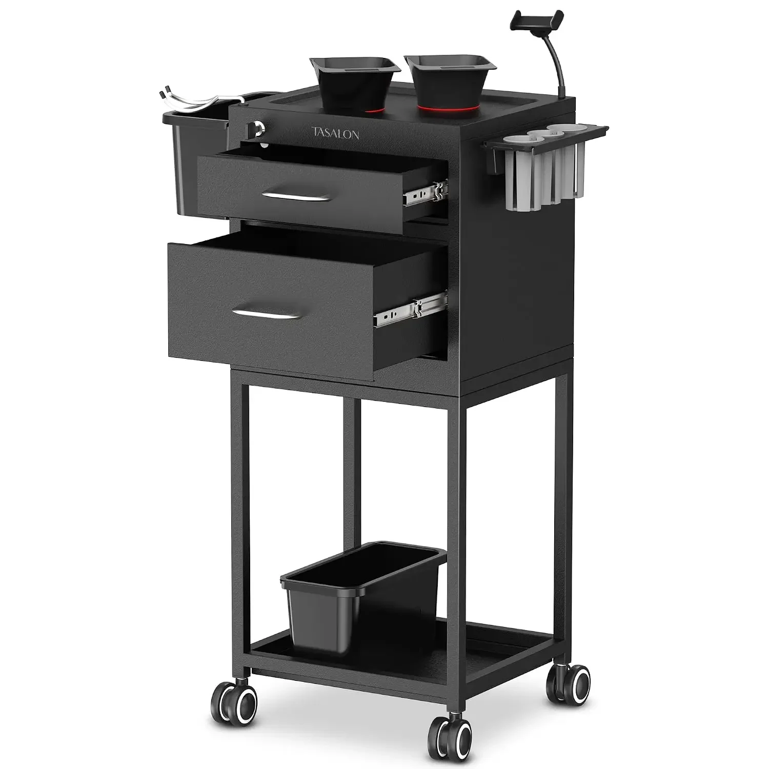 Metal Lockable Salon Cart With Wheels, Rolling Barber Trolley Cart With Storage Drawers Magnetic Bowls Hair Dryer Holder, Mobile Utility Station For Hair Stylist Beauty Spa, Black