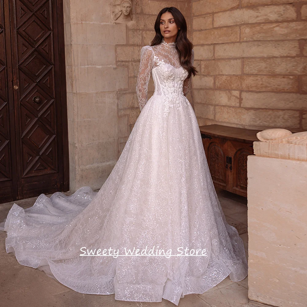 

Luxury Sequined Lace Wedding Dress Customized High Neck Long Sleeves Applique Court Train Saudi Arabian Bridal Gowns