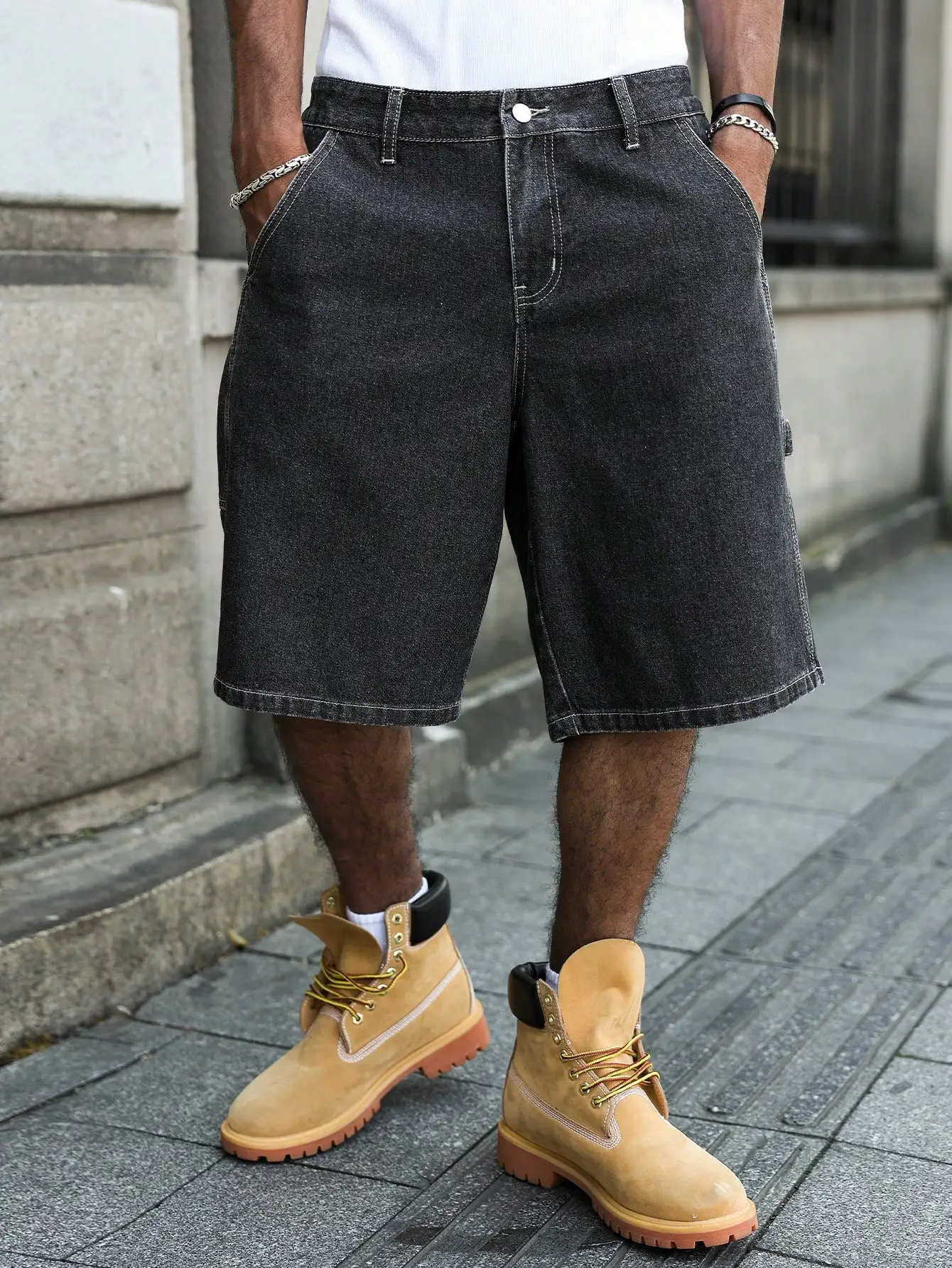 Pantaloncini di jeans lavati estivi alla moda da uomo, leggermente elasticizzati, tinta unita, vestibilità ampia, pantaloncini casual da strada neri stile