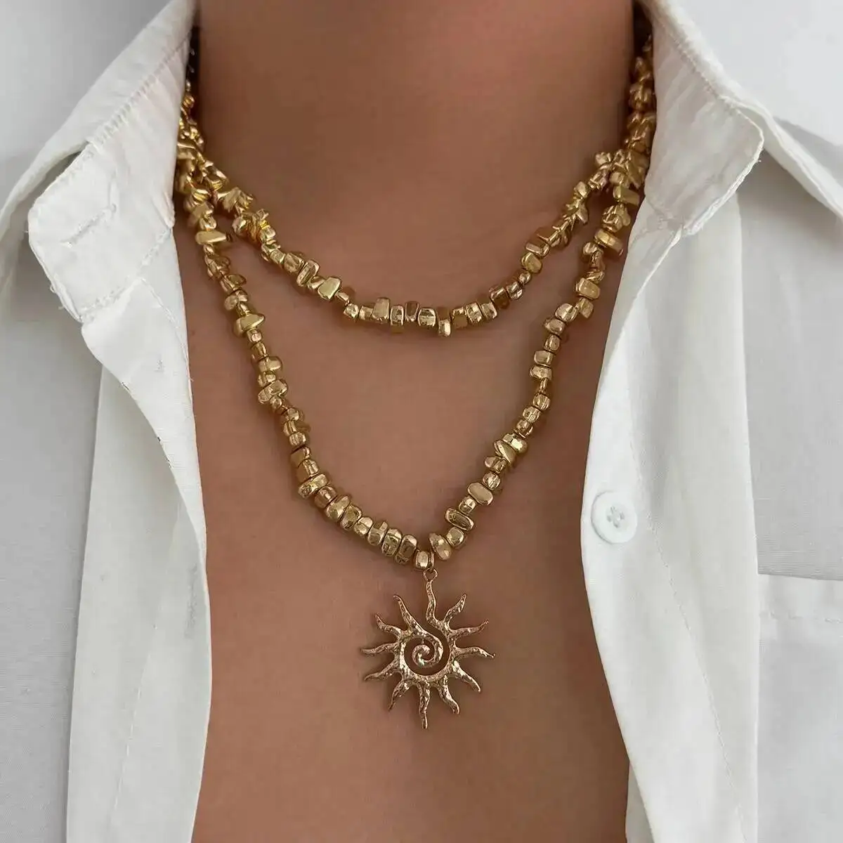 

KunJoe Hip Hop Irregular Acrylic CCB Beaded Choker Necklace for Men New Gold Color Sun Pendant Necklace Male Jewelry on the Neck