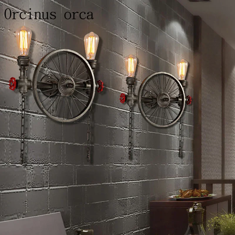 

Water pipe wall lamp, American Nordic style restaurant, platform, personalized retro wheel, craft lighting, iron crane lamp