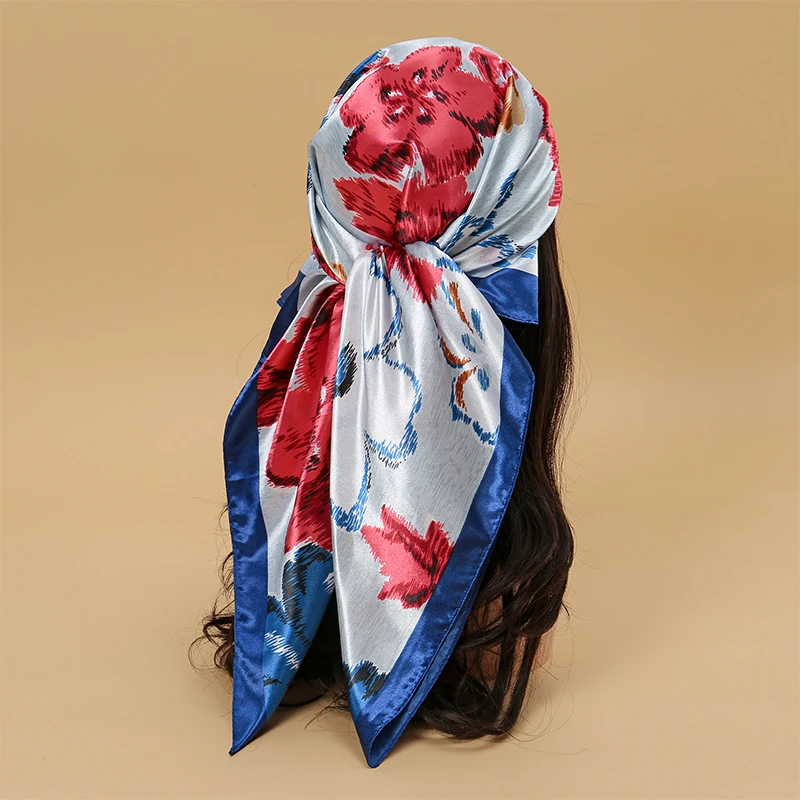 Luxury Flower Print 90*90cm Women Silk Scarf Satin Square Big Shawl Floral Elegant Headscarf Smooth Soft Bandana Scarves