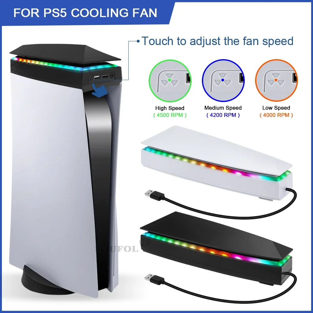 Upper Cooling Fan for PS5 Console Base Game Cooler Stand Bracket with RGB Dustproof Atmosphere Colorful Lighting LED Accessory