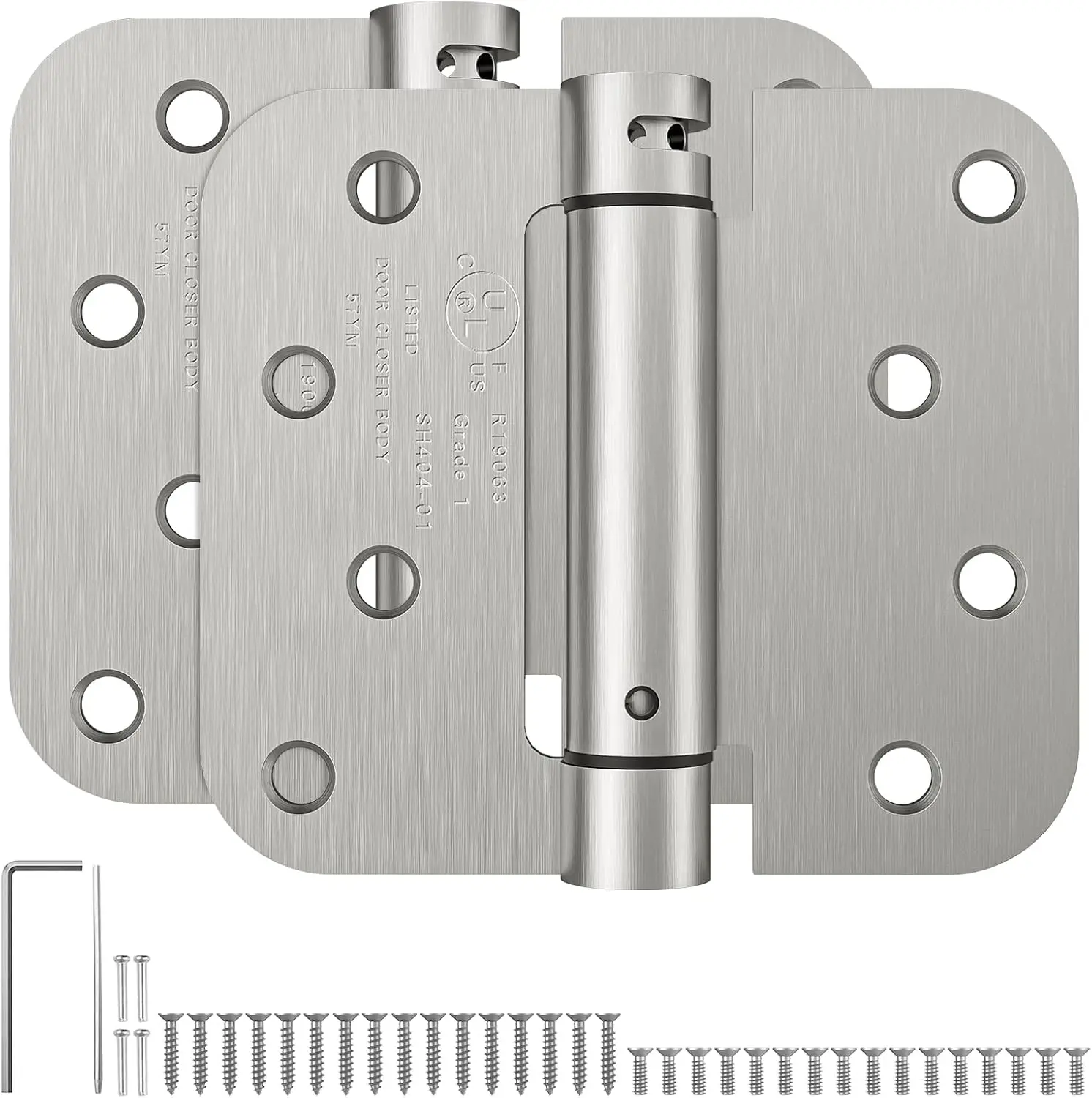 

Self Closing Spring Loaded Hinges, 4 Inch, Adjustable Tension for Garage Doors, UL Listed, Brushed Nickel, 2 Pack