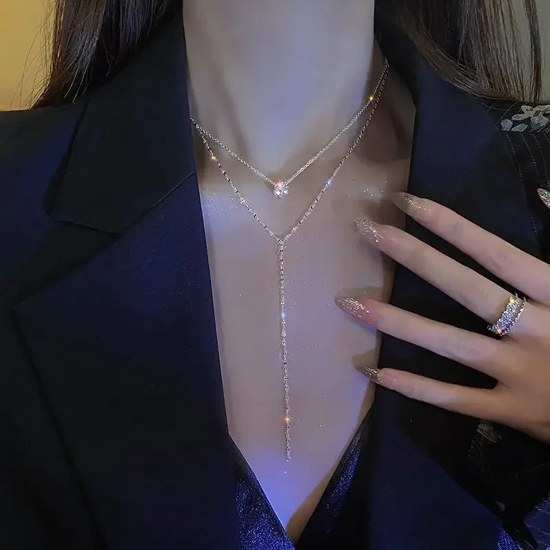 Nuevo Color plata gargantilla de doble capa collar largo repleto de circonita colgantes redondos regalo de mujer joyería de boda al por mayor
