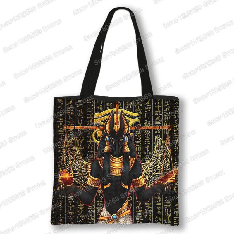 Ancient Egyptian Art Print Shopping Bag Women Handbag Egypt Pharaoh Anubis Shoulder Tote Bag Reusable Grocery Shopper Bags