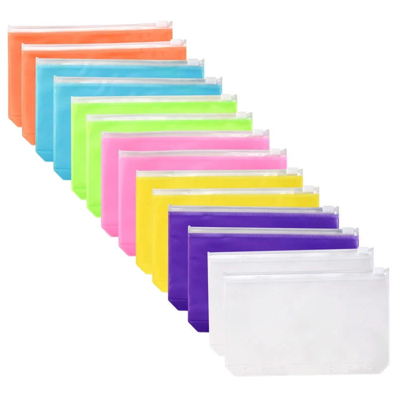 14 Pezzi Tasche per Raccoglitore Formato A6 Cartelle con Cerniera per Raccoglitore a 6 Fori Borse a Foglie Sciolte in PVC Impermeabile per Notebook con Raccoglitore a 6 Anelli