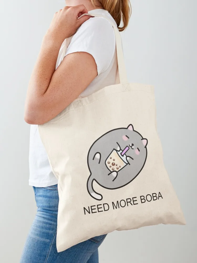 Grey Chubby Boba Cat Needs More Boba! Tote Bag hand bag reusable shopping bag shopping logo Canvas Tote