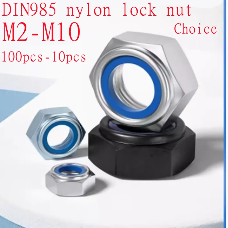 10pc/20pc/50pc/100pc M2 M2.5 M3 M4 M5 M6 M8 M10 M12 304 Stainless Steel Black Hex Nylon Insert Lock Nut Self-locking Nylock Nut