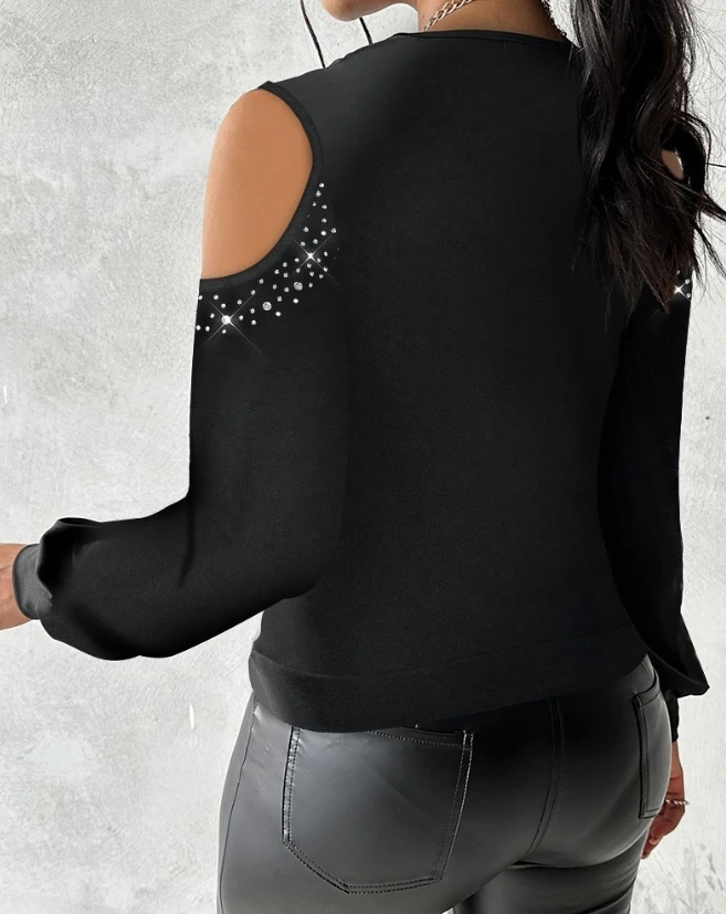 Female Clothing T-Shirts Pullover Tops Sexy Rhinestone Cold Shoulder Sheer Mesh Patch Top 2023 Autumn Spring New Fashion Casual