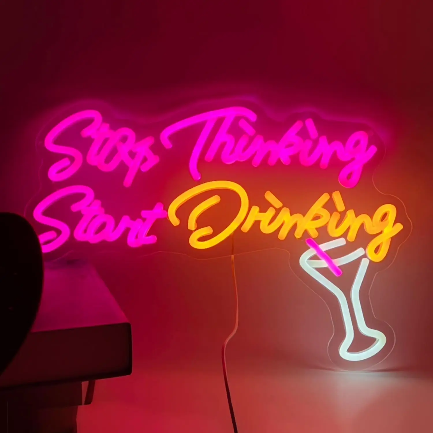 Stop Thinking Start Drinking! USB Powered LED Neon Beer Sign for Home Bar Wall Decor, Man Cave, Pub, Restaurant & Party