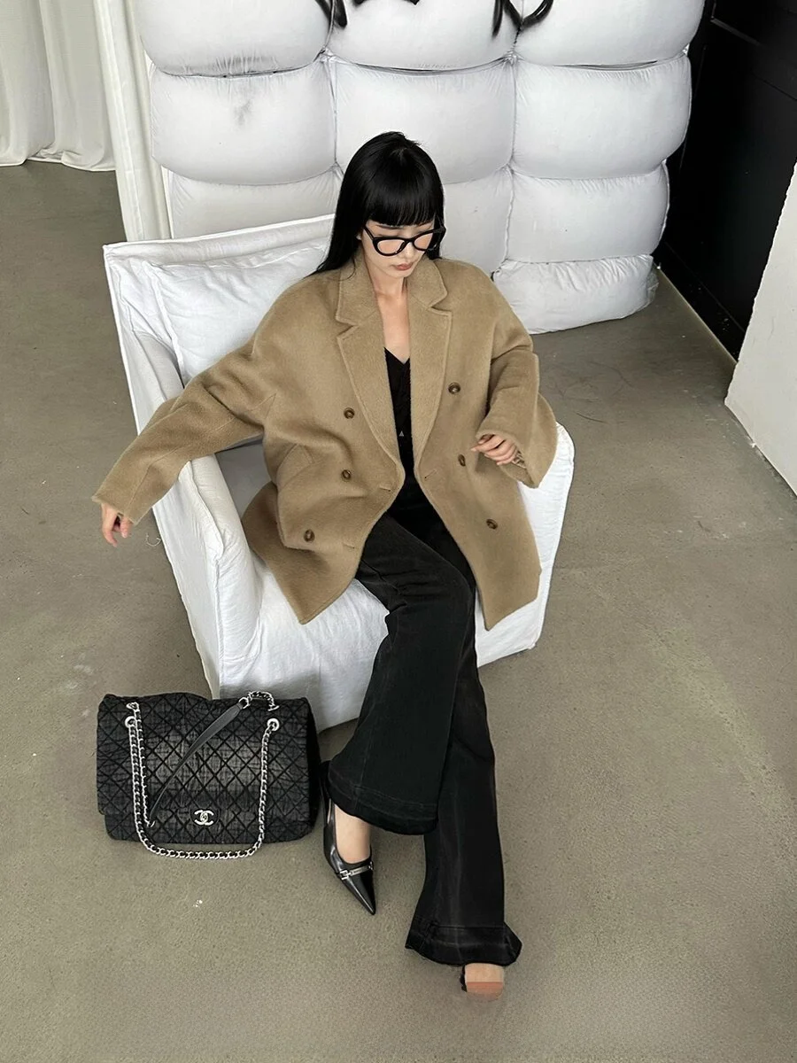 

Venuii Thiened Double-breasted Rabbit Fur Coat Winter New Sle 3D Tailoring Soft Woolen Outerwear Simple Ele Long Sve