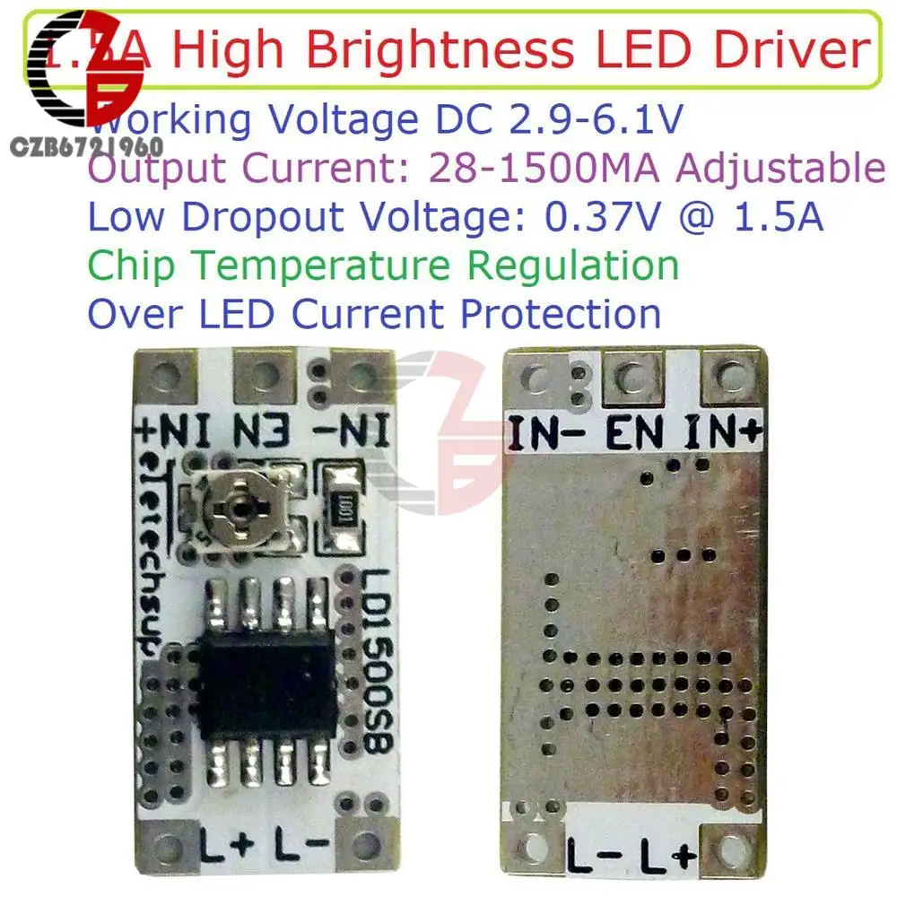 DC 2.9-6.1V Adjustable 28-1500mA LED Constant Current Driver Board for Flashlight Headlights Emergency Lights 3V 3.3V 3.7V 5V 6V