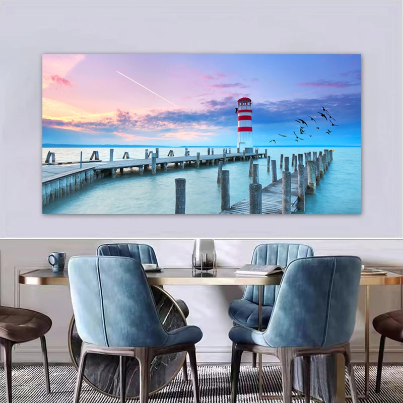 Landscape Posters Canvas Prints Sea Bridge Painting Wall Picture for Living Room Seascape Bird Sunset Home Decoration No Frame