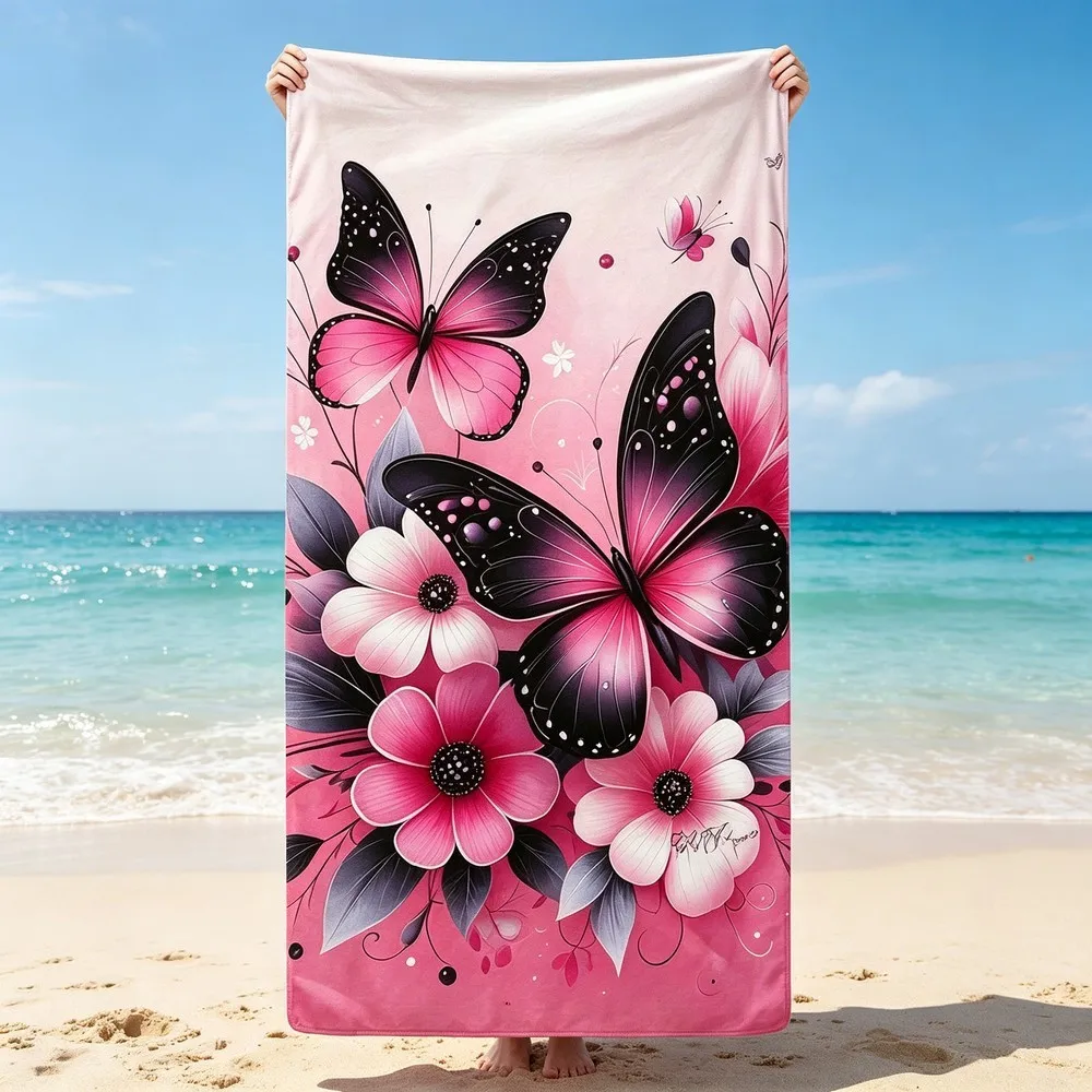 Pink Floral Butterfly Beach Towel Patterned Sunscreen And Windproof Suitable For Swimming Pool Camping Travel Blanket