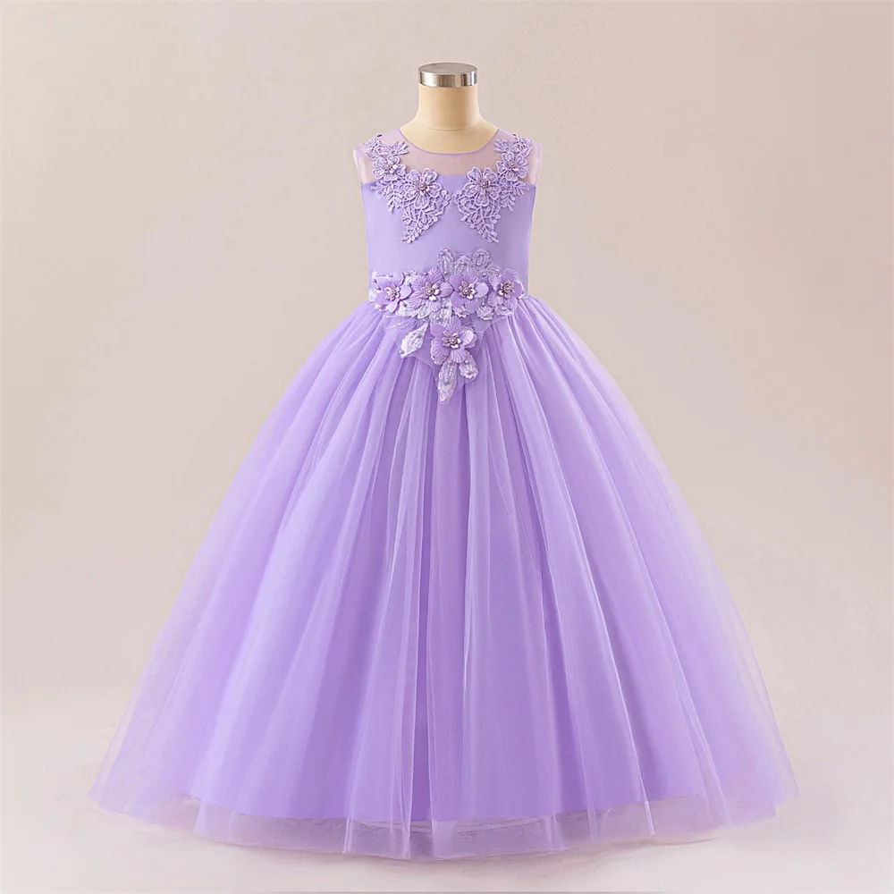 Mädchen Blumen-Pailletten Ärmelloses Stickerei-Kleid 4-14 Jahre Alt Kinder Besticktes Schleifenkleid aus Tüll Langes Kleid