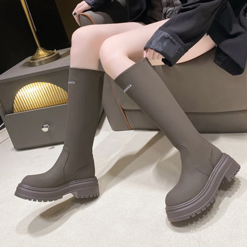 Women's Fashion Autumn Knee-high Boots Genuine Leather Thick-soled Heighten Chimney Boots Outdoor Trendy Women's Boots 35-40