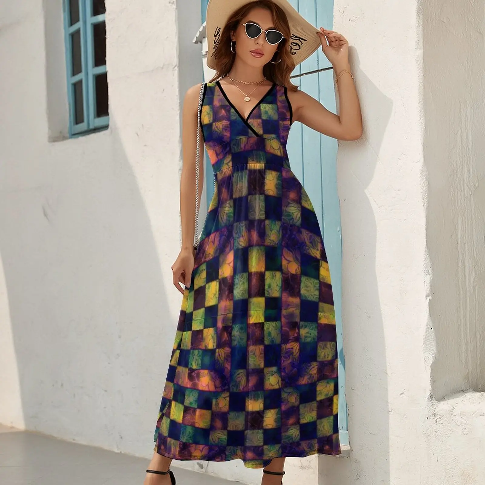 Vestido maxi estampado em retalhos, arco-íris damasco, moda coreana, vestidos longos boêmios, cintura alta estampada, vestidos de tamanho grande, praia