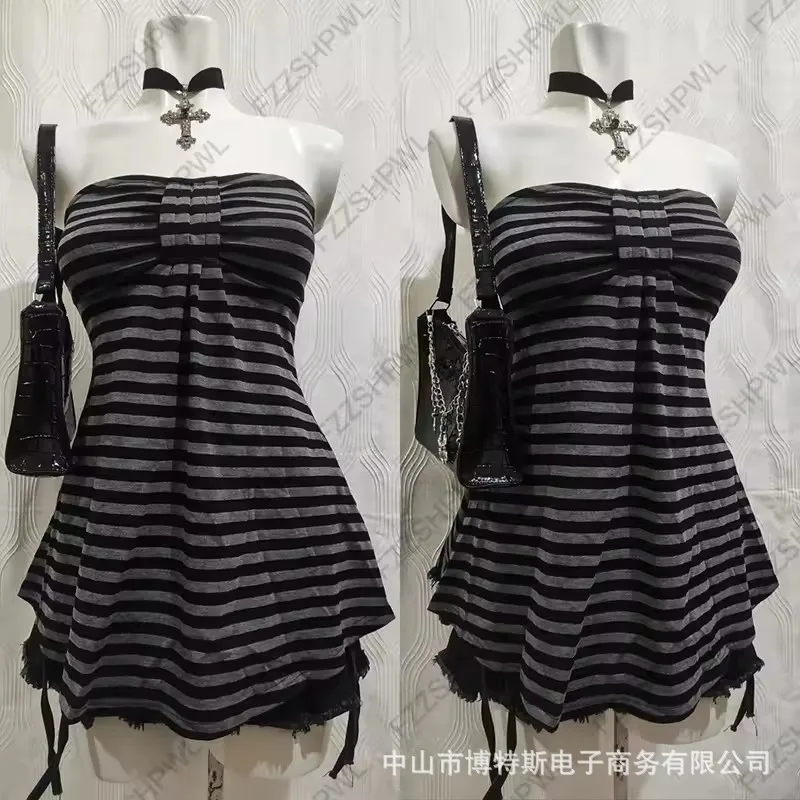 Striped Strap Top Cropped Sweet and Fresh with Summer Non Removable Strap Slim Fit Short Length No Padding Tanks Top for Women