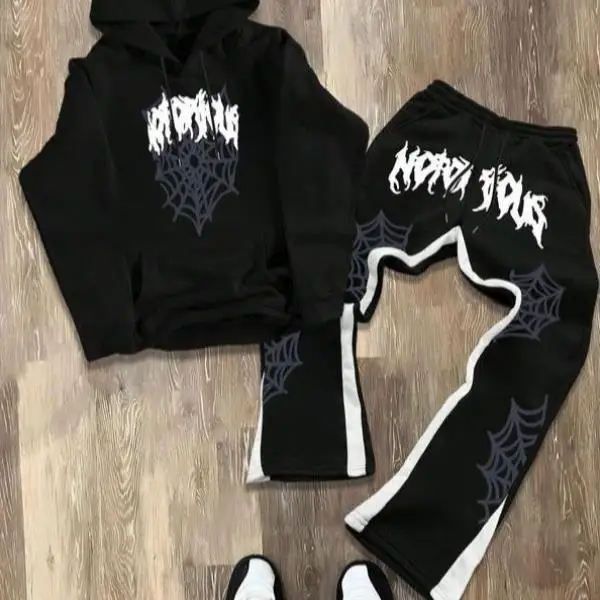

Hooded Flare Pants Set Casual Sportswear Seven Sleeve Autumn Season Men's Fashion Hooded Bell Bottoms Ensemble