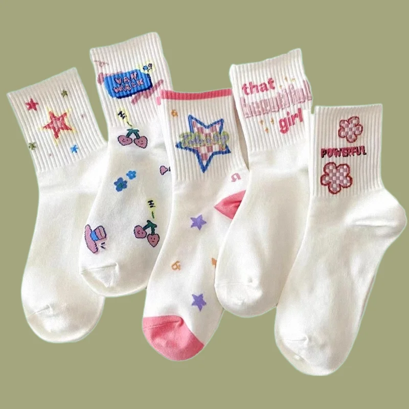 Chaussettes en coton respirantes pour femmes, mi-longues, absorbant la transpiration, dessin animé polyvalent, décontracté, printemps, été, nouveau, 5/10 paires